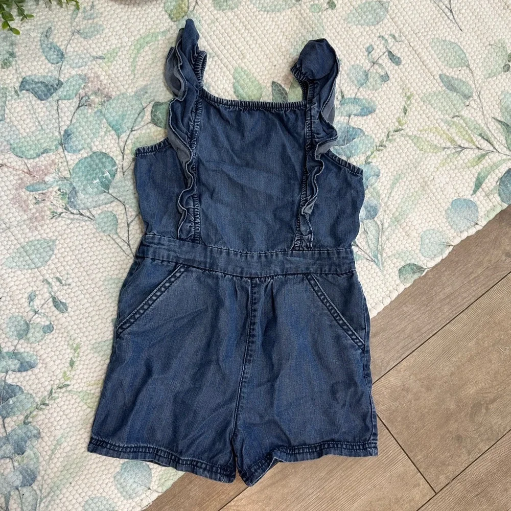 Vintage OshKosh B'gosh Toddler Girl Blue Denim Sleeveless Ruffle Smocked Romper